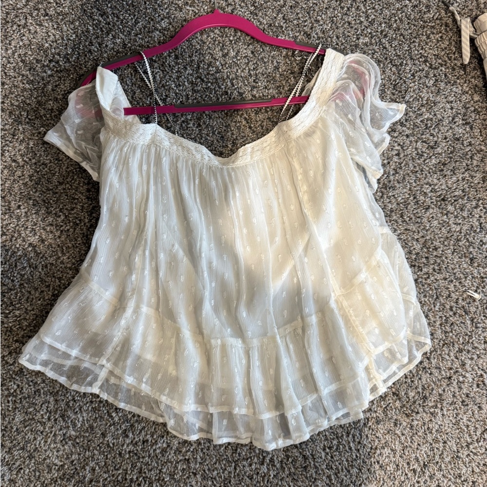 Lucky Brand White Swiss Dot Off-Shoulder Ruffle Blouse